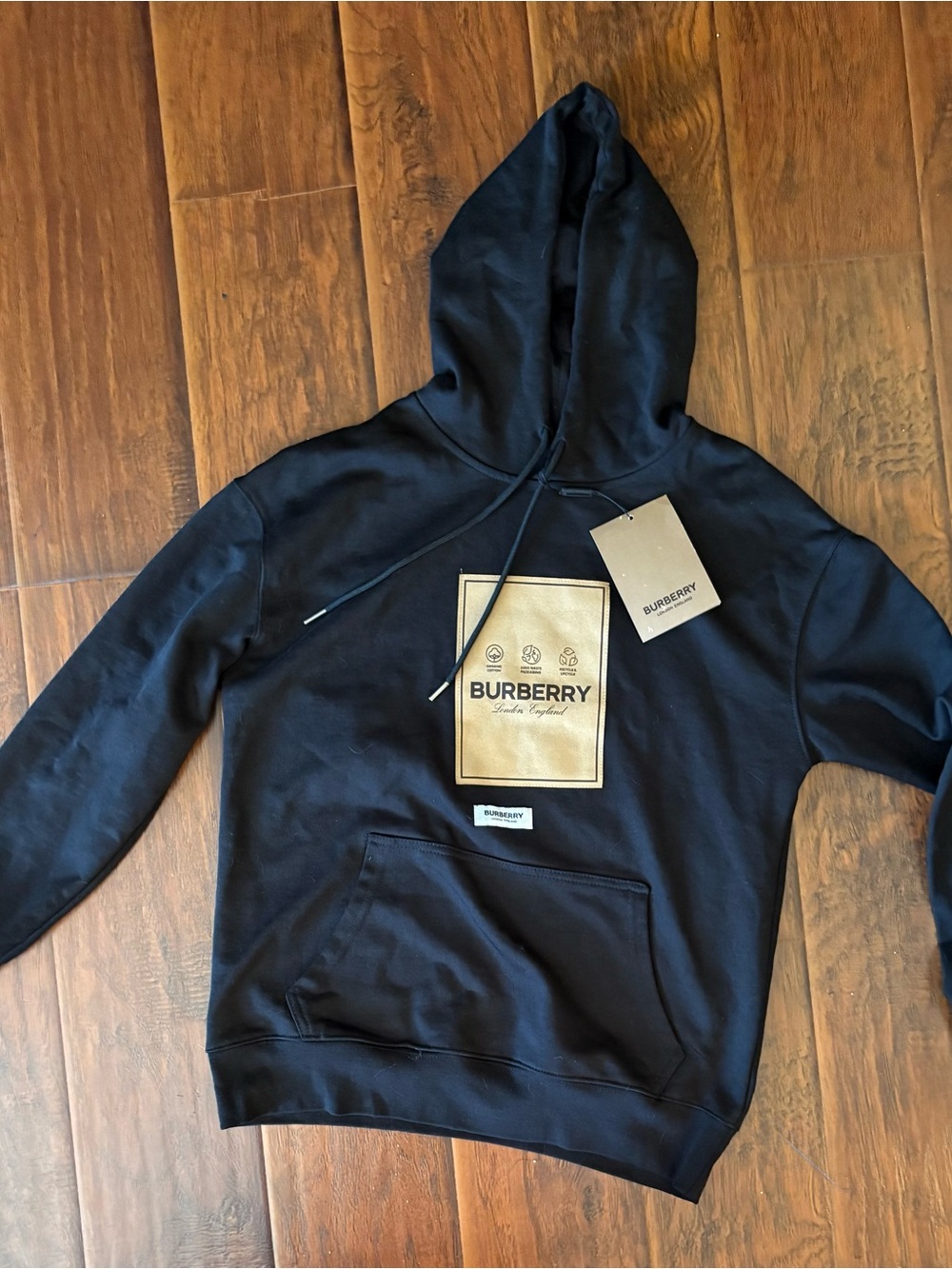 Burberry Black Hoodie with Tan Logo Patch - Men